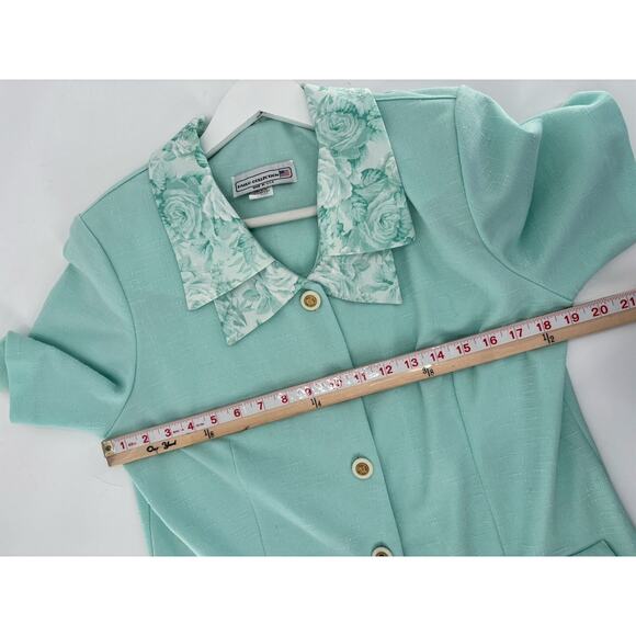 Pablo Collection Vintage Blouse Womens 14 Mint Blue Floral Collar Knit Buttons - Picture 14 of 16